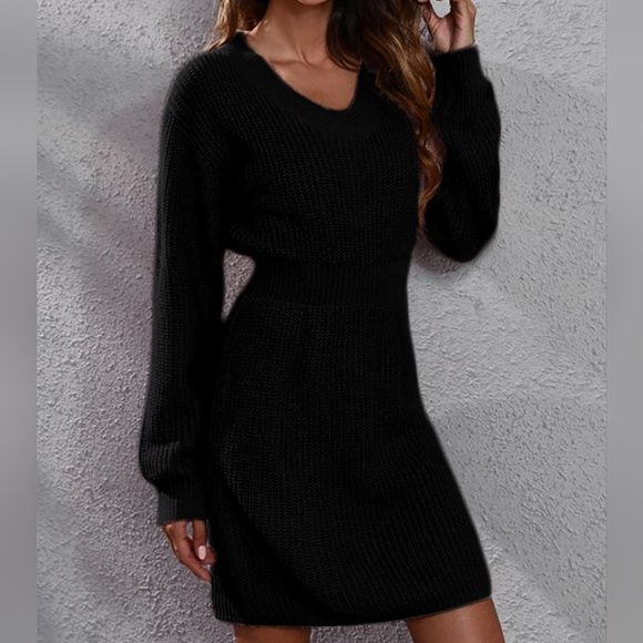 Blue Rib-Knit V-Neck Long Sleeve Sweater Dress - Picture 9 of 9